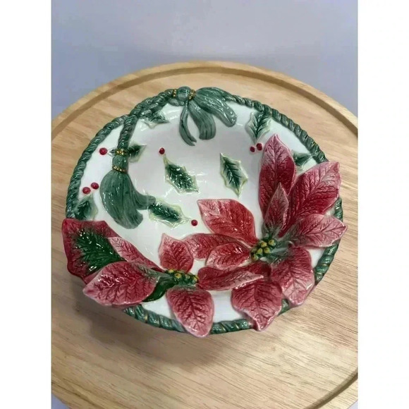 Fitz And Floyd Christmas Poinsettia Bowl Dish Candy Nuts Potpourri EUC 7" - Picture 2 of 6